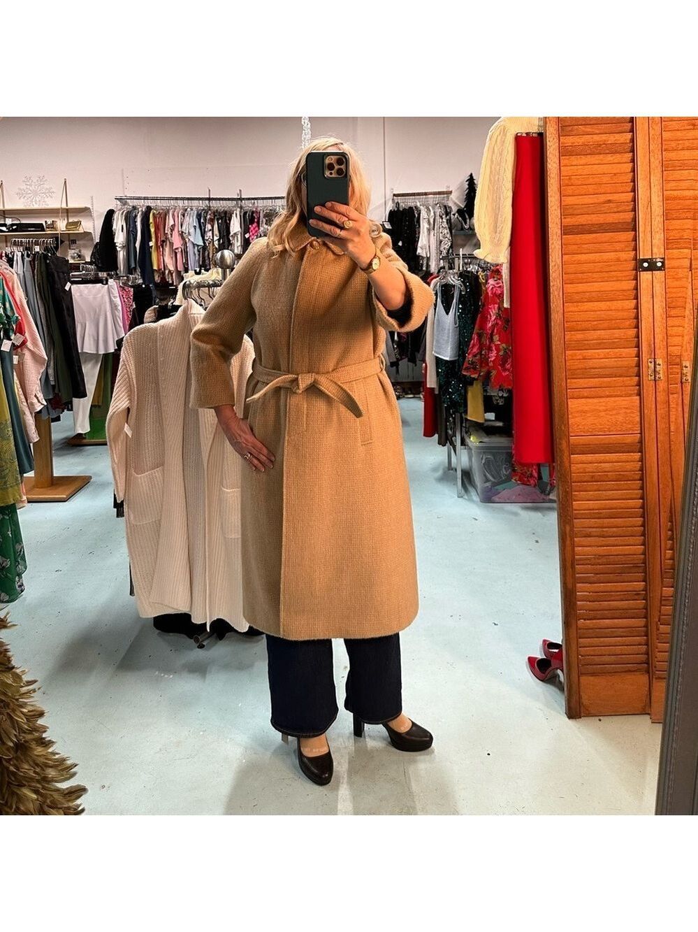 Mohair wool belted camel coat Large Petite Vintage tailored classic cloth coat - Picture 13 of 14